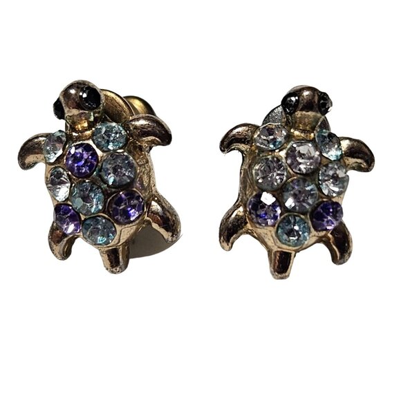 Gem Turtle Gold Tone Stud Earrings Purple Blue Clear Rhinestone Tortoise Jewelry - Picture 1 of 6
